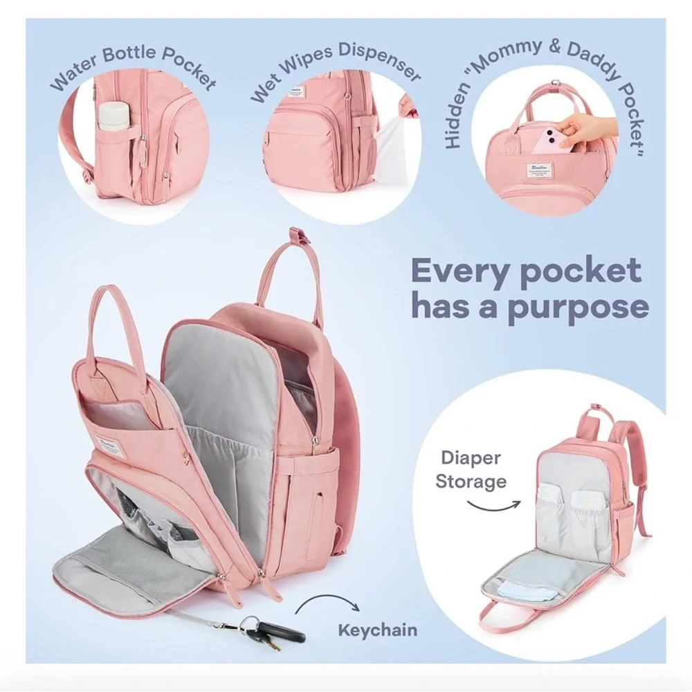 NEW Pink Diaper Backpack with Multiple Pockets